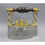 19th century Scottish steel box iron with a brass and mahogany turned handle, 16cm long
