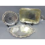 Three various silver plated trays, largest 65cm long (3)