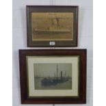 The Queen Mary Alight on the Ocean Wave, framed print and another of fishing boats, largest 49 x