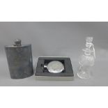 Edinburgh Crystal thistle decanter, 23cm high, Epns hip flask and another with its box, (3)