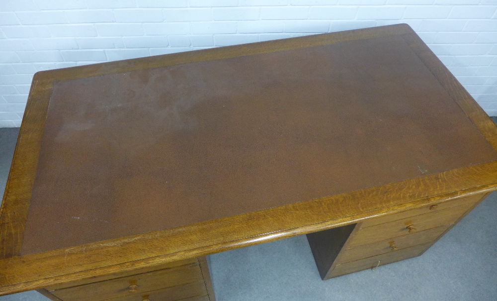 Early 20th century oak pedestal desk, rectangular top with faux leather skivver over an - Image 2 of 3