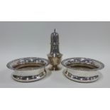 Silver sugar castor, Sheffield 1962 and a pair of silver plated wine coasters (3)