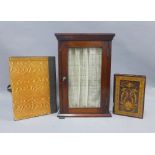 Early 20th century small glazed cabinet, 37 x 25cm, book file and an inlaid box in the form of a