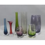 Collection of coloured art glass vases, tallest 23cm