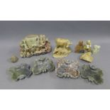 Collection of soapstone carvings to include a water buffalo group, pin dishes, Buddha, etc,