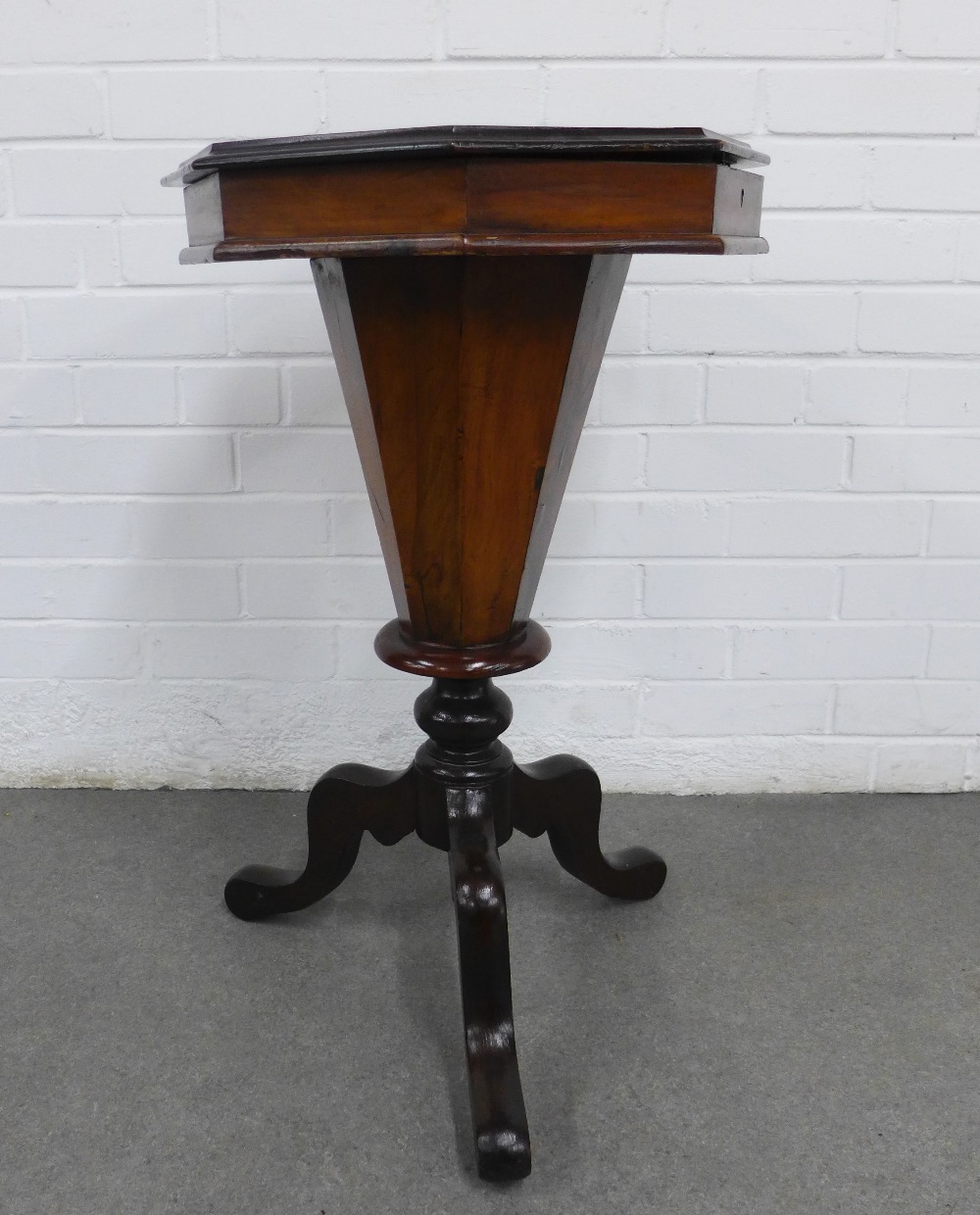 19th century walnut sewing table, octagonal lift up top and column, on tripod legs 43 x 71cm. - Image 4 of 4