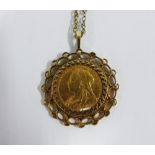 Queen Victoria 1899 full gold sovereign contained within a yellow metal open work pendant, on a