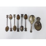 Set of six silver thistle teaspoons, Birmingham 1952, silver shell bowl caddy spoon, Birmingham 1973