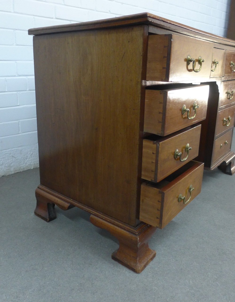 19th century mahogany and inlaid kneehole desk with an arrangement of nine drawers, with a - Image 3 of 4