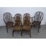 Set of six elm and beech wheel back chairs, including two carvers. Carver is 53 x 98cm, chairs