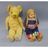 Early 20th century Chad Valley Teddy bear, 47cm long, and vintage Dutch costume doll (2)