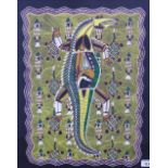 Aboriginal needlework and acrylic of fish, turtles and crocodile, in a glazed frame, 48 x 57cm