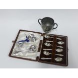 Liberty Tudric pewter sugar bowl, cased set of six Sheffield silver teaspoons, set of six London