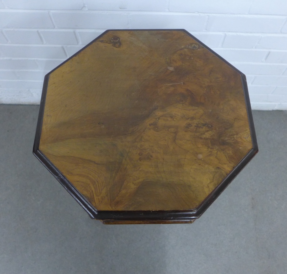 19th century walnut sewing table, octagonal lift up top and column, on tripod legs 43 x 71cm. - Image 2 of 4