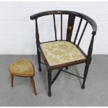 Satinwood inlaid corner chair with heart shaped motif, 88 x 73, together with a heart shaped stool