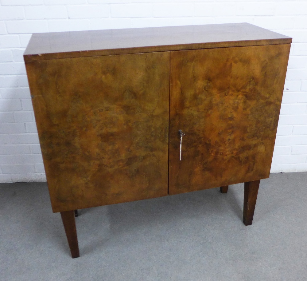 Early 20th century walnut cabinet, shelved interior on square tapering legs, 105 x 104 x 40cm.