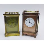 Two brass cased carriage timepieces, tallest 12cm, excluding handle (2)