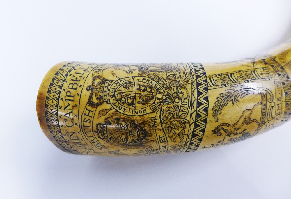 Victorian Scottish scrimshaw cowhorn, dated 1857, presented to John Campbell by D. Gourlay, - Image 3 of 6