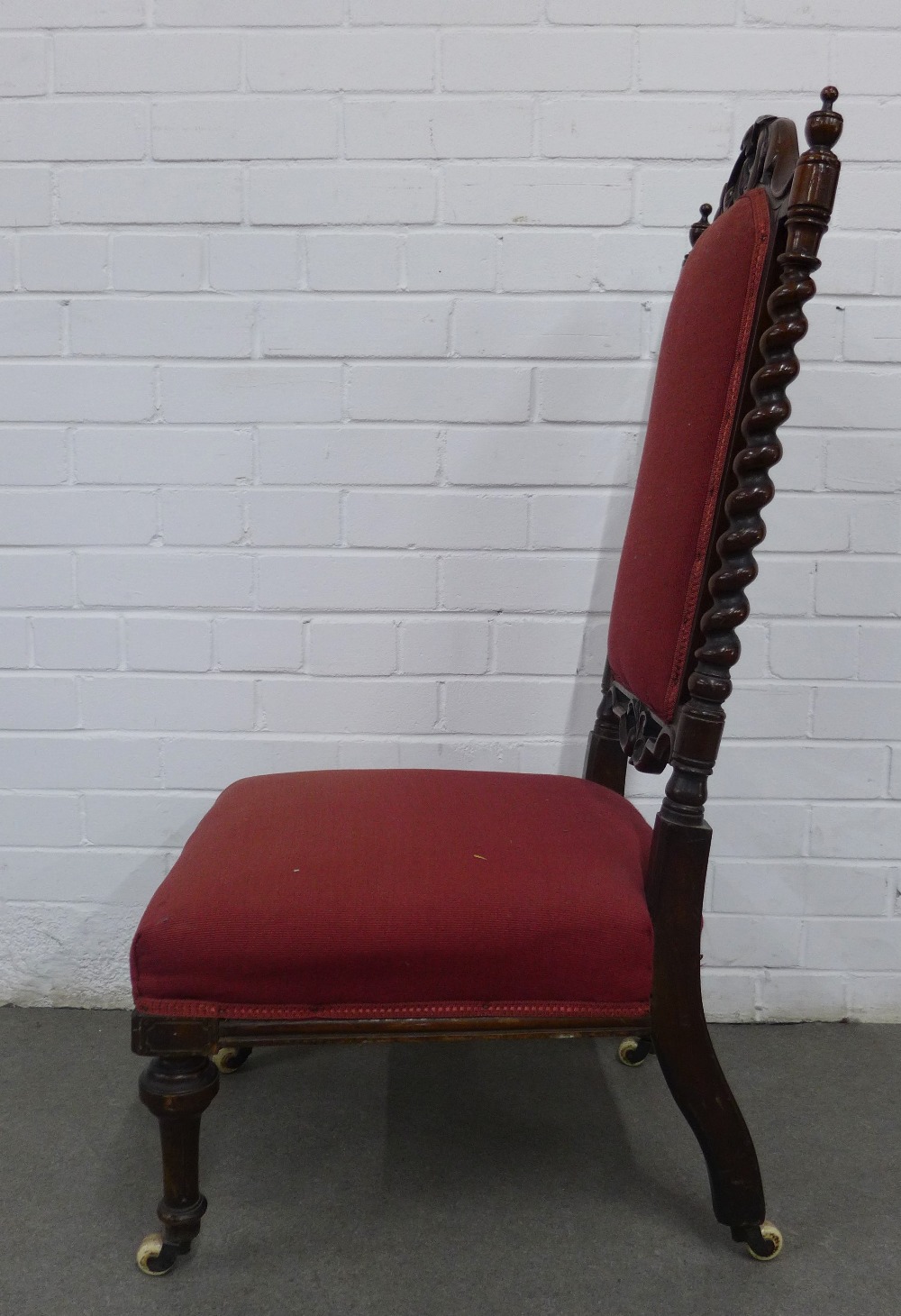 Mahogany chair with leaf carved top rail and barley twist uprights with red upholstered back and - Image 3 of 3