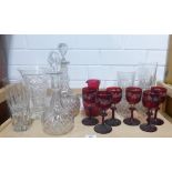 Collection of 19th century and later glass to include decanters, cranberry glass jug, Bohemian red
