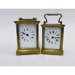 Two brass cased carriage timepieces, tallest 12cm, including handle (2)