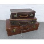 Trio of vintage brown leather suitcases, largest 71 x 20 x 39cm. (3)