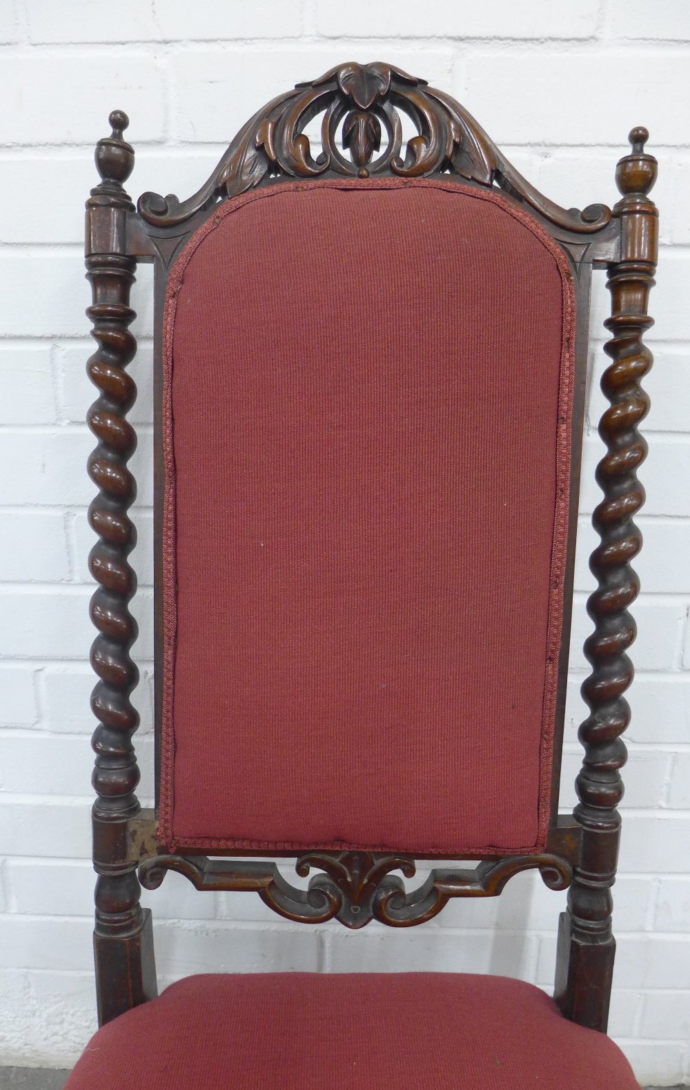 Mahogany chair with leaf carved top rail and barley twist uprights with red upholstered back and - Image 2 of 3