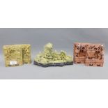Collection of carved soapstone to include two pairs of plaques and a village scene, longest 27cm (5)