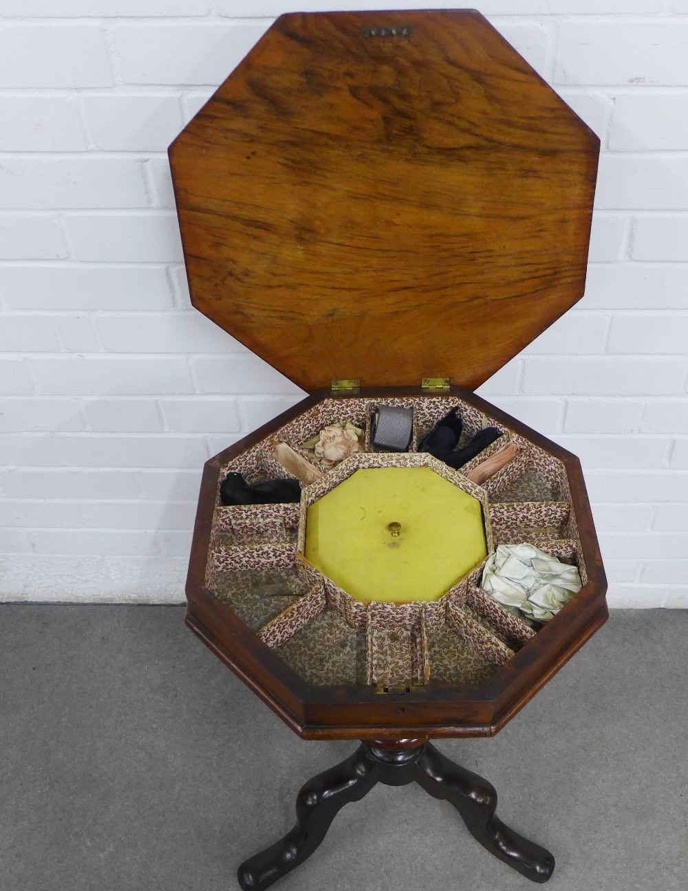 19th century walnut sewing table, octagonal lift up top and column, on tripod legs 43 x 71cm. - Image 3 of 4