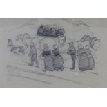 Robert Polhill Bevan, Breton Peasants, drawing in black crayon, signed with monogram RPB, framed