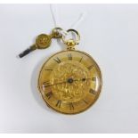 19th century Lady's yellow metal fob watch, with Roman numerals, blue steel hands and a foliate