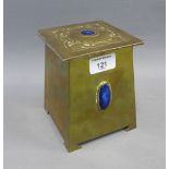 Art Nouveau brass caddy box, the hinged lid with celtic knot pattern and inset blue cabouchon,