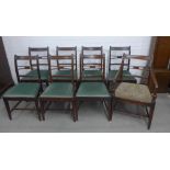 19th century set of eight mahogany dining chairs including one carver, mostly in green upholstery.