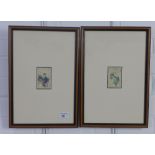 A pair of Japanese coloured woodblock prints, in glazed frames, prints size 5 x 8cm and the