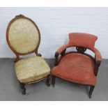 Two late 19th / early 20th century mahogany framed chairs, one in gold upholstery and one in red, 62