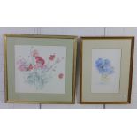 Anne Crawford, watercolour of blue pansies, signed, together with a floral print, both framed