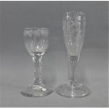 Two Georgian glasses, one with etched bird and flower pattern on a folded footrim together with