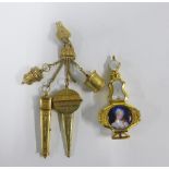 Gilt metal chatelaine together with a gilt metal box in the form of a miniature scent bottle, 8cm