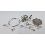 Chinese silver miniature rickshaw, Birmingham silver powder compact, white metal salt spoons, bangle