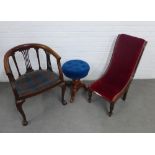 Small oak slipper chair in red velvet, 38 x 82, together with a mahogany armchair with tartan