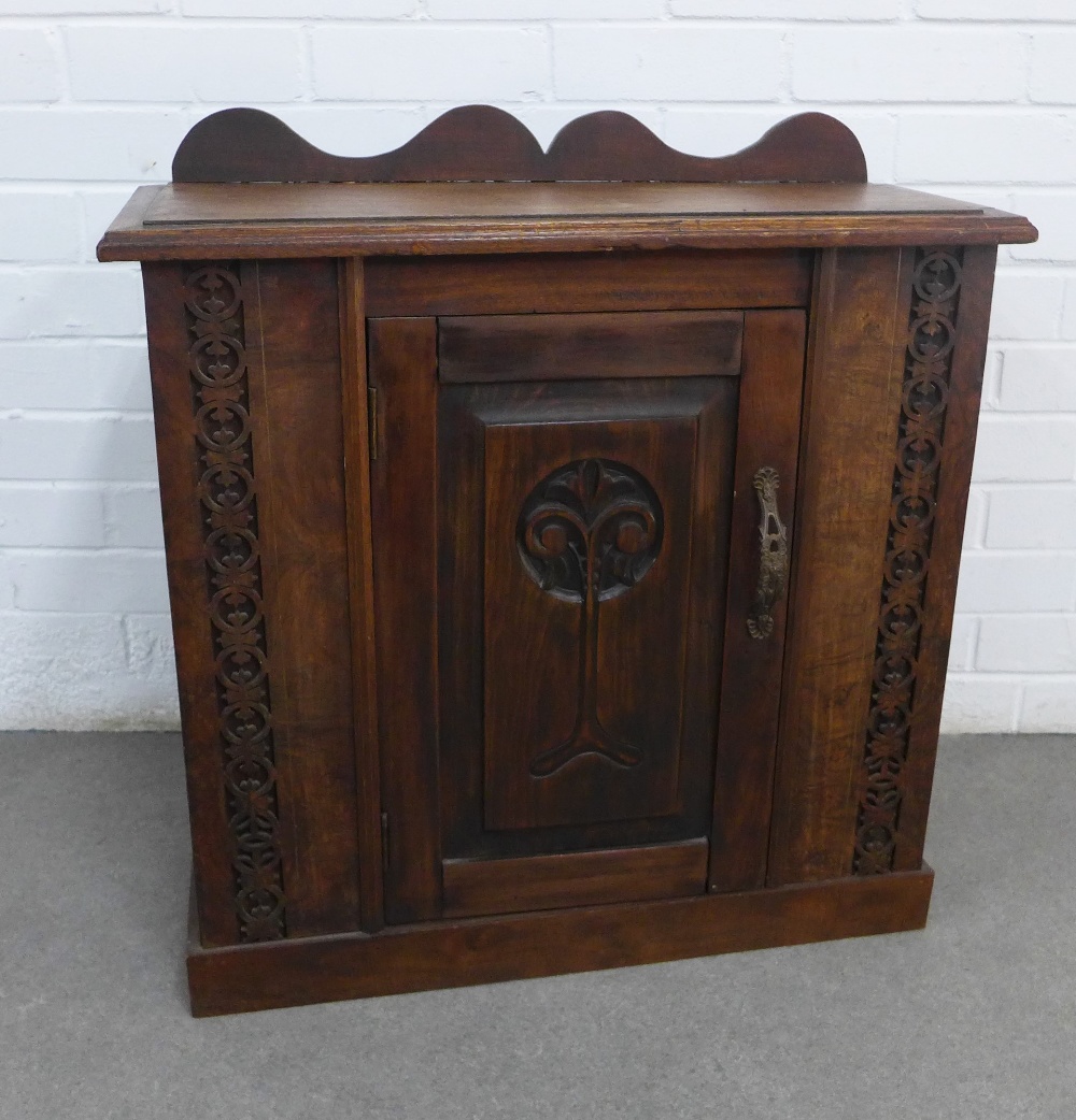 Small hardwood cabinet, single door and shelved interior, 66 x 68 x 25cm