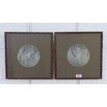 A pair of Japanese textile paintings, under glass in faux bamboo frames, 15cm diameter, (2)