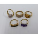 Five 9ct gold gemset dress rings (5)