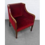 Mahogany framed armchair with red velvet upholstered sides back and seat, on square tapering legs,