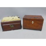 19th century mahogany sewing box with a pin cushion top and a Georgian mahogany tea caddy box,