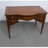 Rosewood desk / writing table, with satin inlay, skiver top and arrangement of five drawers, on