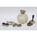 Edwardian silver mounted cut glass scent bottle, Chester 1906, two Epns scoops, miniature