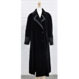 Dejue of Paris black velvet long coat with satin cuffs, buttons and trim,likely size small