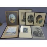 Box containing seven 19th and 20th century artworks to include a charcoal drawing, watercolours and