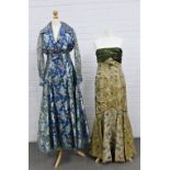 Vintage blue chiffon and metallic thread dress with floral pattern and full skirt, long puff sleeves